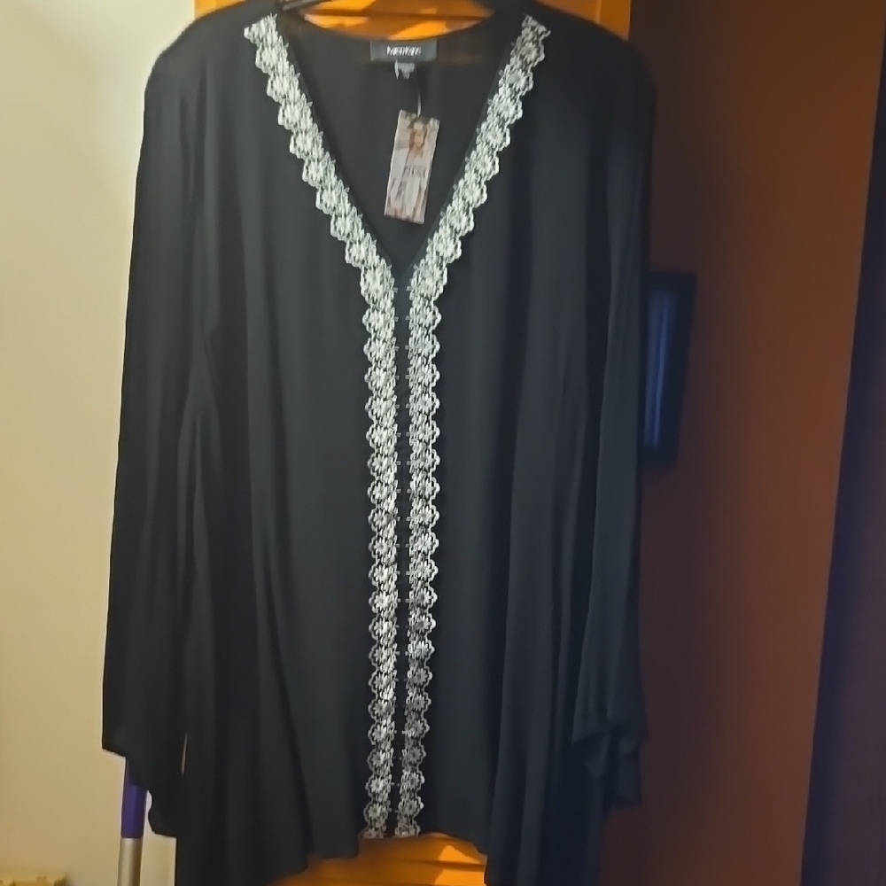 Black Blouse with White Lace Trim